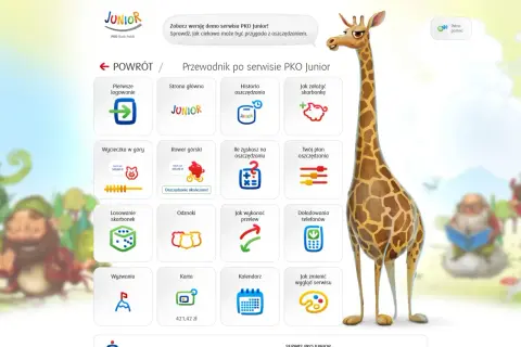 Grafika przedstawia przewodnik po serwisie PKO Junior z żyrafą i ikonami zadań.