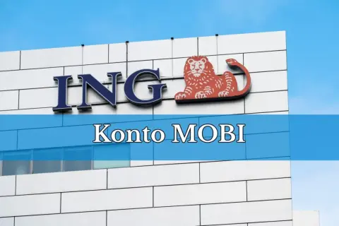 Logo ING z napisem "Konto MOBI" na tle budynku i nieba.