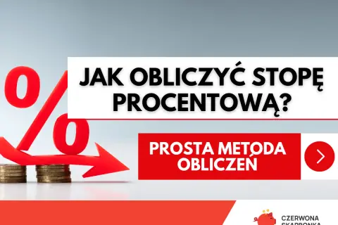Czerwona strzałka z symbolem procentu i monetami, wskazująca na prostą metodę obliczenia stopy kredytowej.
