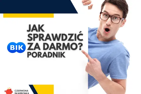 Mężczyzna w okularach wskazuje na napis "BIK ZA DARMO? PORADNIK" na białej tablicy.