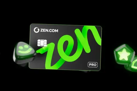 Karta ZEN.COM z logo "zen" i ikonami: uśmiechnięta buźka, procent, gwiazdka, dom. To jest zen co to?