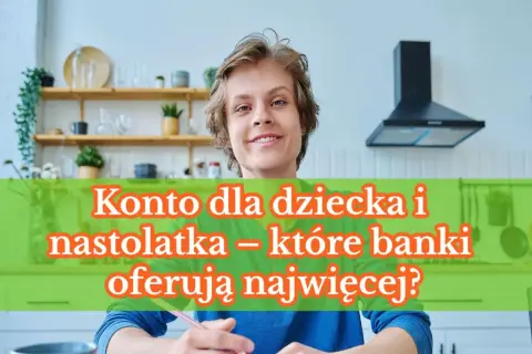 Uśmiechnięty nastolatek siedzi przy stole, trzymając długopis. Na zielonym tle tekst.