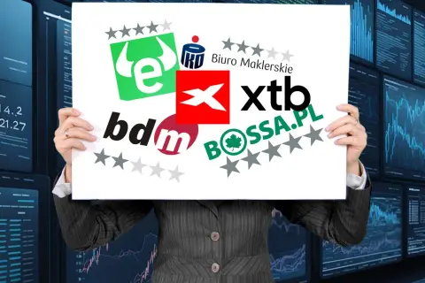 Plakat z logotypami biur maklerskich: eToro, XTB, BDM, BOSSA.PL, IKO.