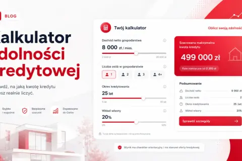 Kalkulator zdolności kredytowej: sprawdź, ile możesz pożyczyć. Wpisz dochód, liczbę osób, okres kredytowania i wkład własny.