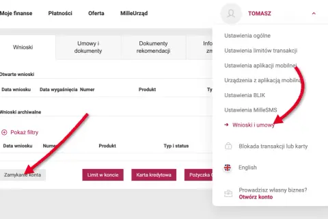 Czerwona strzałka wskazuje opcję "Zamykanie konta" na stronie bankowości internetowej.