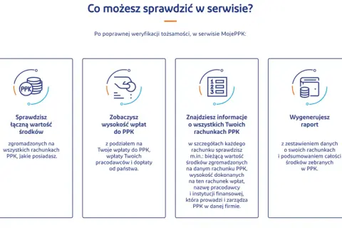 W serwisie MojePPK sprawdzisz łączną wartość środków na wszystkich rachunkach PPK, zobaczysz wysokość wpłat do PPK, znajdziesz informacje o wszystkich Twoich rachunkach PPK, a także wygenerujesz raport. Numer rachunku PPK jest dostępny w szczegółach.