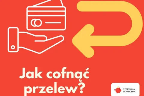 Grafika pokazuje rękę trzymającą kartę płatniczą i żółtą strzałkę zwrotną. Pytanie brzmi: "Jak cofnąć przelew?".