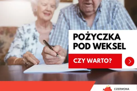 Starsza para podpisuje dokumenty. Czy warto wziąć pożyczkę pod weksel? Czerwona skarbonka podpowie.