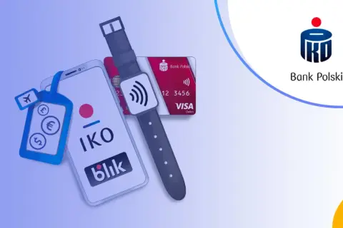 Smartfon z aplikacją IKO i BLIK, karta Visa, smartwatch i zawieszka z symbolami walut. Sprawdź konto za zero PKO BP warunki.
