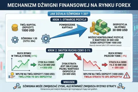 Ilustracja wyjaśniająca mechanizm dźwigni finansowej 1:30 na rynku Forex.