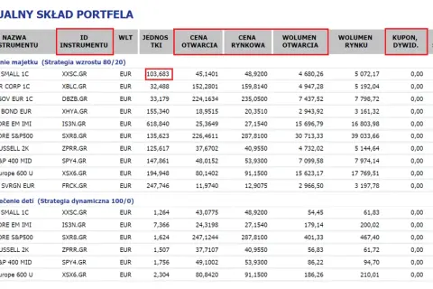 Tabela z danymi finansowymi: nazwy instrumentów, ceny, wolumeny i zyski/straty.