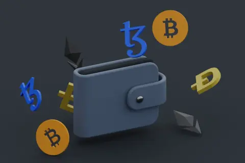 Portfel na kryptowaluty z symbolami Bitcoin, Ethereum, Dogecoin i Tezos. To jest catly sposób na przechowywanie cyfrowych aktywów.