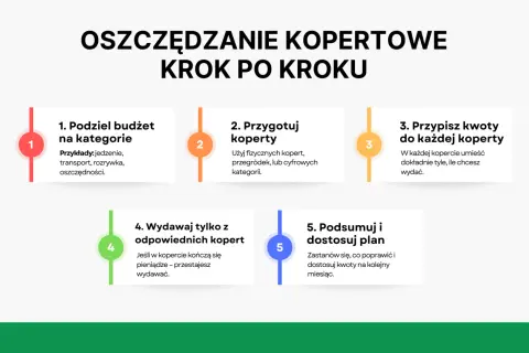 Kopertowa metoda oszczędzania: 5 kroków do lepszej edukacji finansowej. Podziel budżet, przygotuj koperty, przypisz kwoty, wydawaj mądrze i podsumuj.