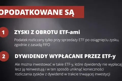 Grafika przedstawia dwa punkty dotyczące opodatkowania ETF-ów: zyski z obrotu i dywidendy.