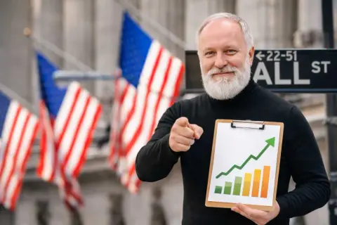 Starszy mężczyzna z brodą, wskazujący palcem, trzyma tablicę z wykresem wzrostu. Pokazuje, jak inwestować, na tle flag USA i znaku Wall Street.