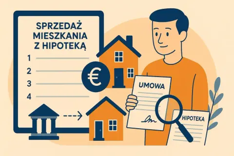 Ilustracja przedstawia mężczyznę trzymającego umowę i lupę nad dokumentem "HIPOTEKA", obok domów i symbolu euro.