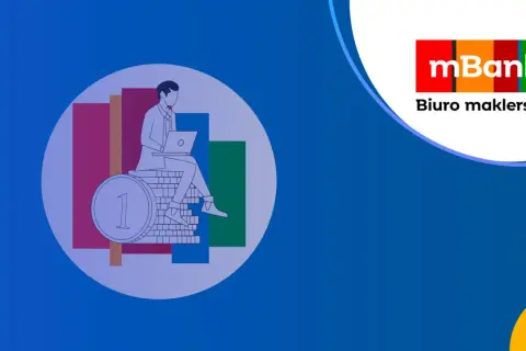 Ilustracja mężczyzny z laptopem siedzącego na stosie monet, obok wykresów. Logo mBank Biuro maklerskie.