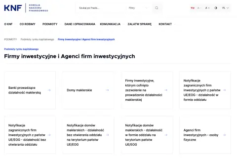Strona KNF o firmach inwestycyjnych i agentach. Znajdziesz tu informacje o bankach, domach maklerskich i agentach, a także o notyfikacjach. To miejsce, gdzie zaczyna się budowanie Twojego wealthseed.