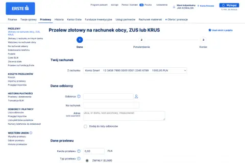 Przelew złotowy na rachunek obcy, ZUS lub KRUS. Wypełnij dane odbiorcy i kwotę przelewu, aby wykonać wu+.