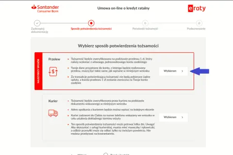 Wybierz przelew weryfikacyjny 1 zł Santander do potwierdzenia tożsamości. Dane z konta muszą być zgodne z wnioskiem.