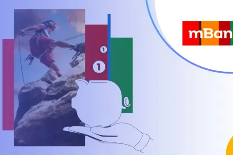Grafika przedstawia wspinacza, skarbonkę na dłoni, słupki z cyframi 1 oraz logo mBank.