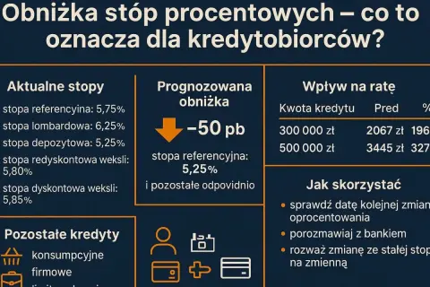 Prognozy stóp procentowych wskazują na obniżkę o 50 pb. Sprawdź, jak wpłynie to na raty Twojego kredytu.