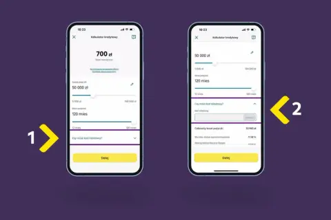 Symulacja kredytu w aplikacji Raiffeisen Digital Bank. Użytkownik ustawia kwotę i okres spłaty pożyczki.