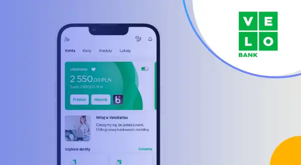 Aplikacja mobilna VeloBanku pokazuje saldo konta 2550 PLN. Logo VeloBanku.