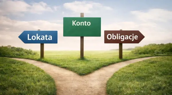 Trzy drogowskazy: Lokata, Konto, Obligacje, na tle krajobrazu.