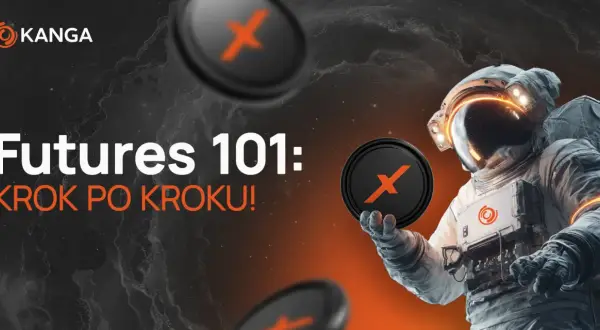Astronaut trzymający monetę z symbolem "X" na tle kosmosu i tekstu "Futures 101: Krok po kroku!".