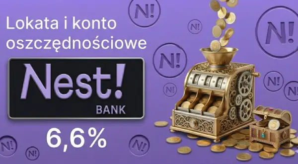 Złota maszyna do liczenia monet, skrzynia skarbów i logo Nest Bank z oprocentowaniem 6,6%.