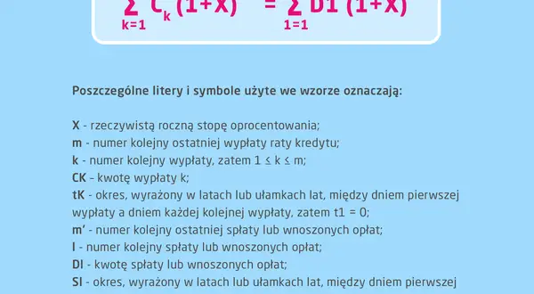 Wzór pokazuje, jak obliczyć oprocentowanie kredytu, uwzględniając wypłaty i spłaty.