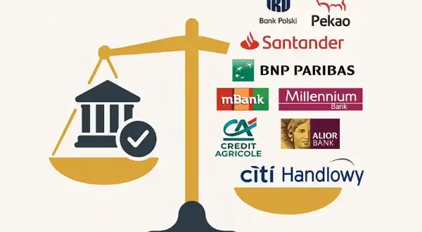 Waga symbolizująca wybór banku, z jednej strony budynek banku z zaznaczeniem, z drugiej logotypy popularnych polskich banków: PKO BP, Pekao, Santander, BNP Paribas, mBank, Millennium, Credit Agricole, Alior, Citi Handlowy.