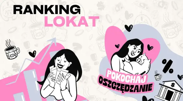 Ilustracja z napisem "RANKING LOKAT", kobietą trzymającą pieniądze i kobietą przytulającą świnkę skarbonkę.
