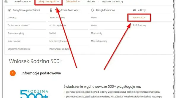 Zrzut ekranu z bankowości internetowej ING, z zaznaczonym przyciskiem "Rodzina 500+".