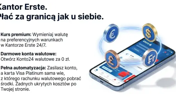 Smartfon z aplikacją bankową Erste i monetami z symbolami euro, dolara, funta i franka szwajcarskiego.