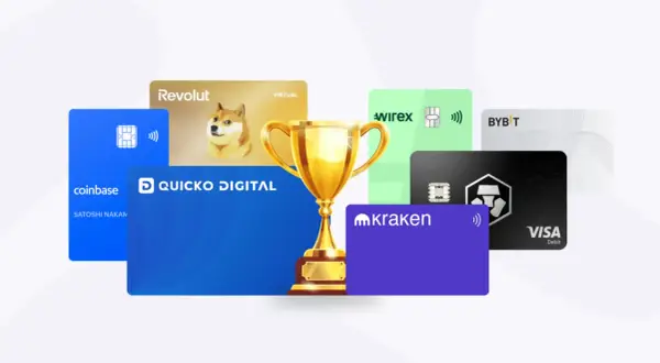 Złoty puchar otoczony kartami kryptowalutowymi: Coinbase, Revolut, Wirex, Kraken, Bybit, Visa.
