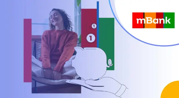 Konto oszczędnościowe mBank: szczęśliwa kobieta, skarbonka na dłoni i wykresy. Proste kroki, jak założyć konto oszczędnościowe mbank.