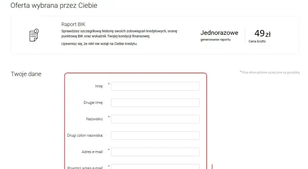 Formularz do wypełnienia danych osobowych w celu wygenerowania raportu BIK. Sprawdź swoją historię kredytową, aby upewnić się, że nikt nie wziął na Ciebie kredytu.