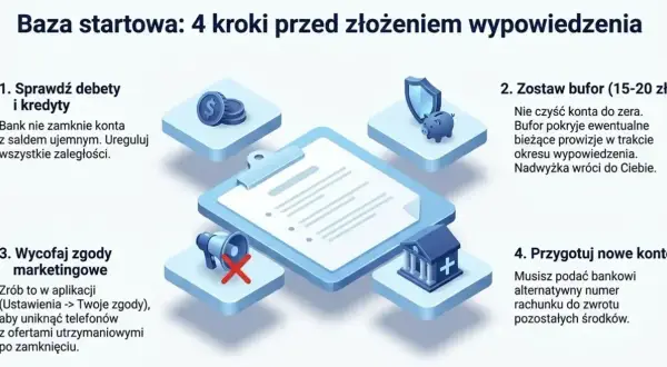 Jak zamknąć konto w Credit Agricole? 4 kroki: sprawdź debety, zostaw bufor, wycofaj zgody marketingowe i przygotuj nowe konto.