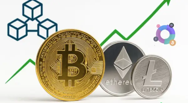 Monety Bitcoin, Ethereum i Litecoin na tle rosnącego wykresu i symboli blockchain.