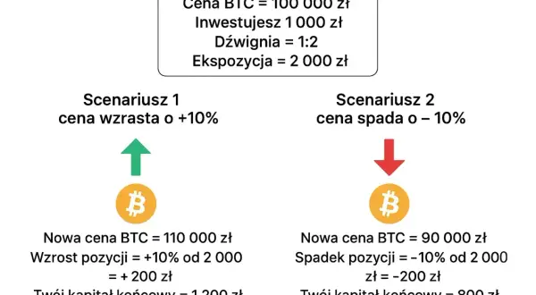 Symulacja zysków i strat z kontraktu na różnicę (CFD) na Bitcoin. Inwestycja 1000 zł z dźwignią 1:2. Wzrost ceny o 10% daje 1200 zł, spadek o 10% daje 800 zł.