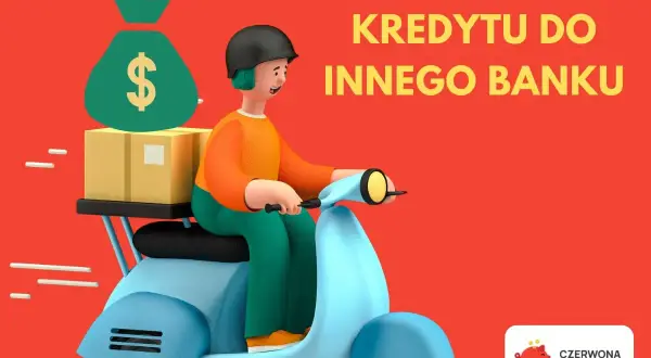 Kurier na skuterze dostarcza torbę z pieniędzmi i paczki. To symbol przeniesienia kredytu gotówkowego do innego banku.