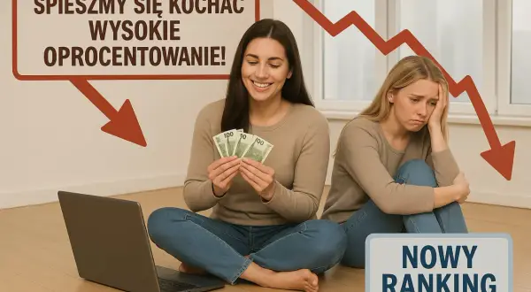 Dwie kobiety, jedna zadowolona z pieniędzmi, druga smutna, na tle spadającego wykresu i napisu "NOWY RANKING".