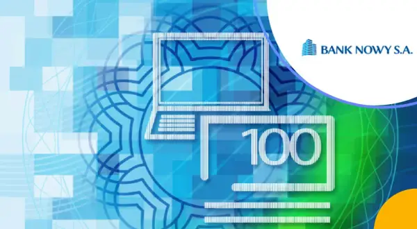 Grafika przedstawia ikonę komputera i symbol "100", sugerując łatwy dostęp do środków na koncie depozytowym. Logo Banku Nowy S.A.