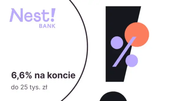 Logo Nest! BANK, znak procentu, koła i tekst "6,6% na koncie do 25 tys. zł".