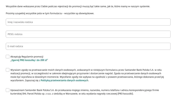 Formularz zapisu do promocji Santander. Wpisz dane rodzica, zaakceptuj regulamin i wyraź zgodę na przetwarzanie danych, by otrzymać nagrodę.