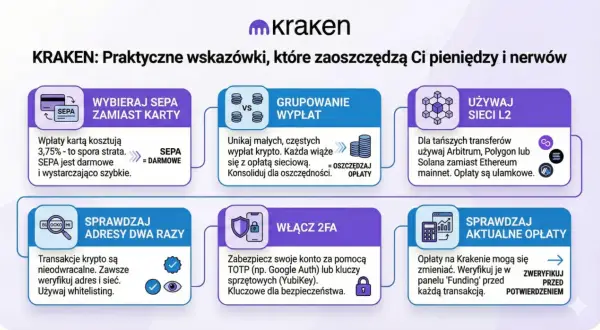 Kraken: praktyczne wskazówki, jak oszczędzać na opłatach. Wybieraj SEPA zamiast karty, grupuj wypłaty, używaj sieci L2, sprawdzaj adresy i włącz 2FA.