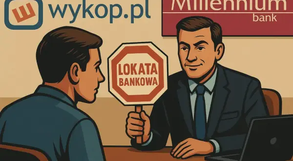 Bankier z Millennium pokazuje znak "Lokata bankowa". Czy to dobra oferta? Sprawdź oprocentowanie!