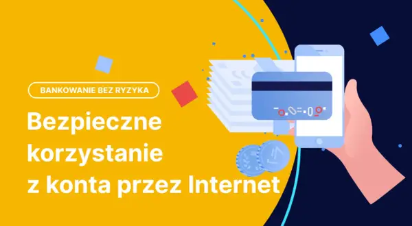 Ilustracja przedstawia dłoń trzymającą smartfon z kartą płatniczą, stos banknotów i monet.